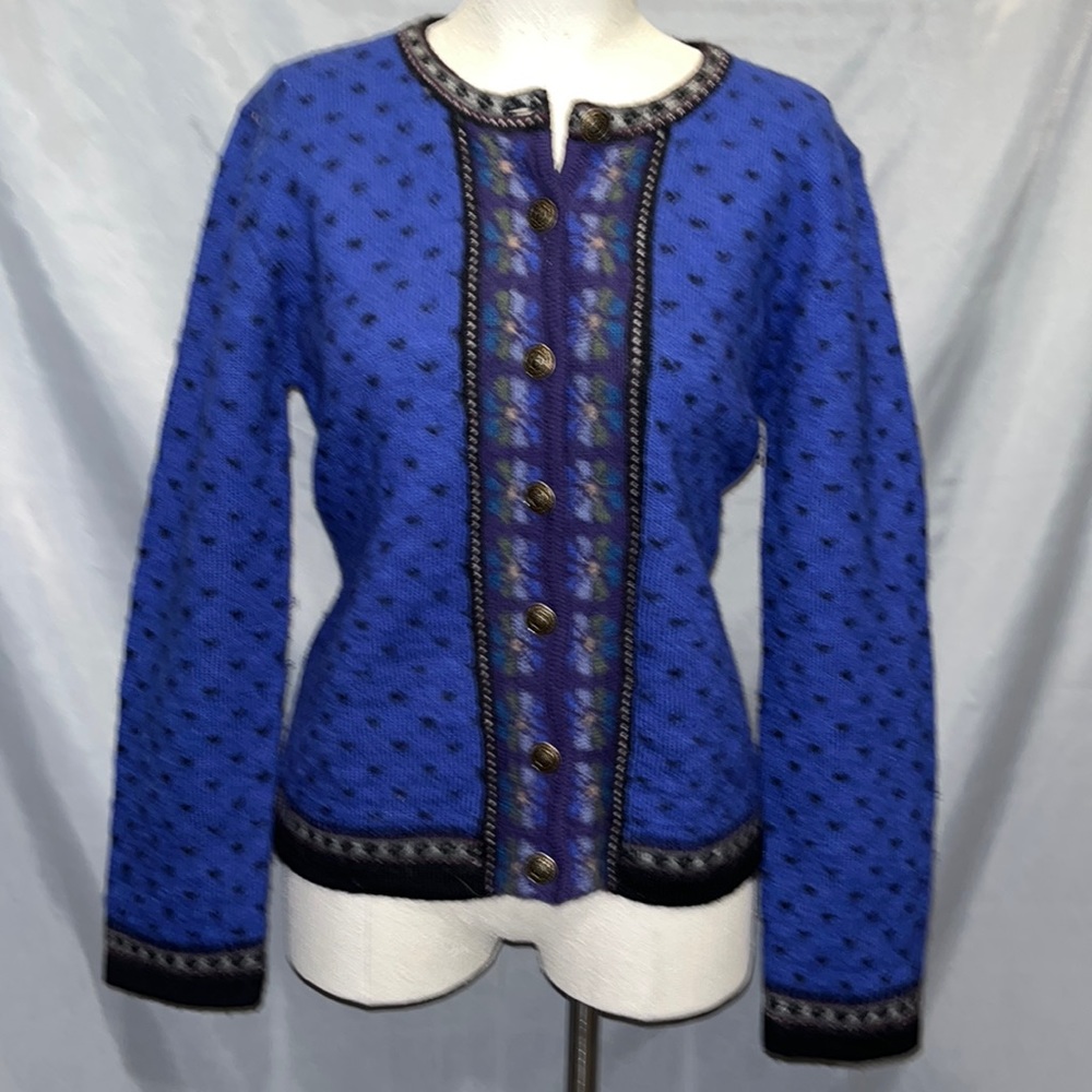 Royal blue wool ladies sweater with decorative trim